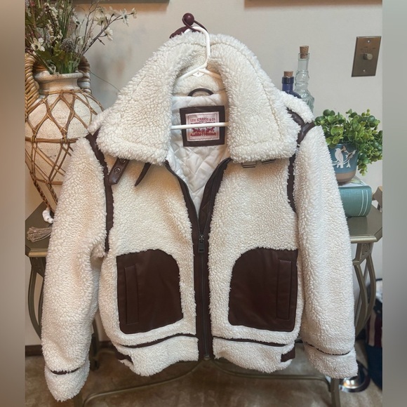 LEVI’S FAUX SHERPA & LEATHER DETAIL MOTO COAT TEDDY BEAR JACKET WHITE BROWN SZ L - Picture 2 of 12